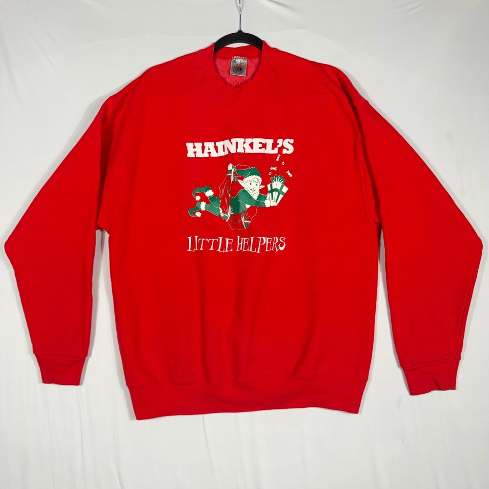 Vtg Fruit of the Loom Christmas Elf Sweatshirt XL Red Ho Ho Ho USA 90s Y2K Retro